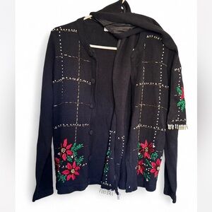 White Stag Black Cardigan with Holiday Floral beading and detachable scarf